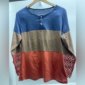 Elegant Color Block Long Sleeve Blouse with lace sleeve detail boho cottagecore